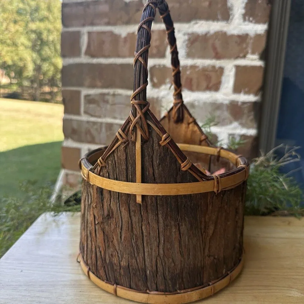VTG Basket 12 Inch Bark Bent Wood Splint Country Market CottageCore Wooden Fruit